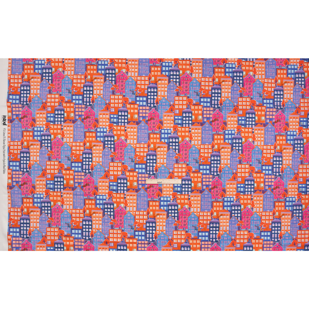 Stretch Cotton Sateen - Purple, Orange and Blue Houses - Sunlit City Print - Mood Exclusive Chariot Collection - Full