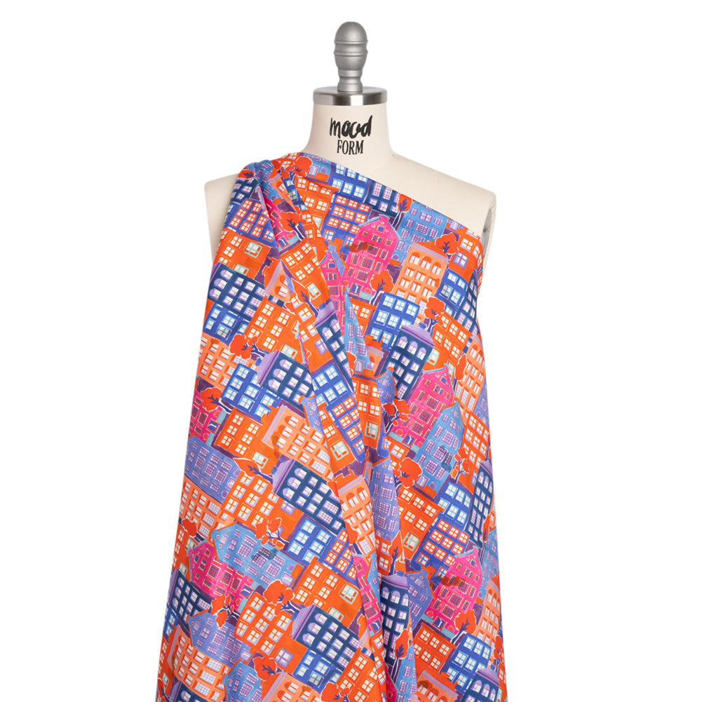 Stretch Cotton Sateen - Purple, Orange and Blue Houses - Sunlit City Print - Mood Exclusive Chariot Collection - Drape