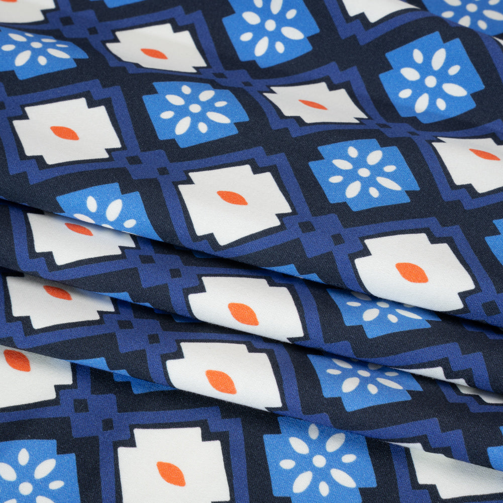 Stretch Cotton Sateen - Blue and Orange Geometric - Santorini Spritz Print - Mood Exclusive Chariot Collection - Folded