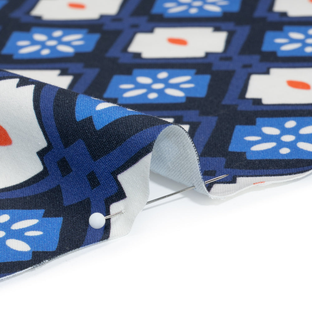 Stretch Cotton Sateen - Blue and Orange Geometric - Santorini Spritz Print - Mood Exclusive Chariot Collection - Detail