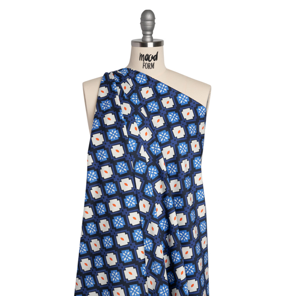 Stretch Cotton Sateen - Blue and Orange Geometric - Santorini Spritz Print - Mood Exclusive Chariot Collection - Drape