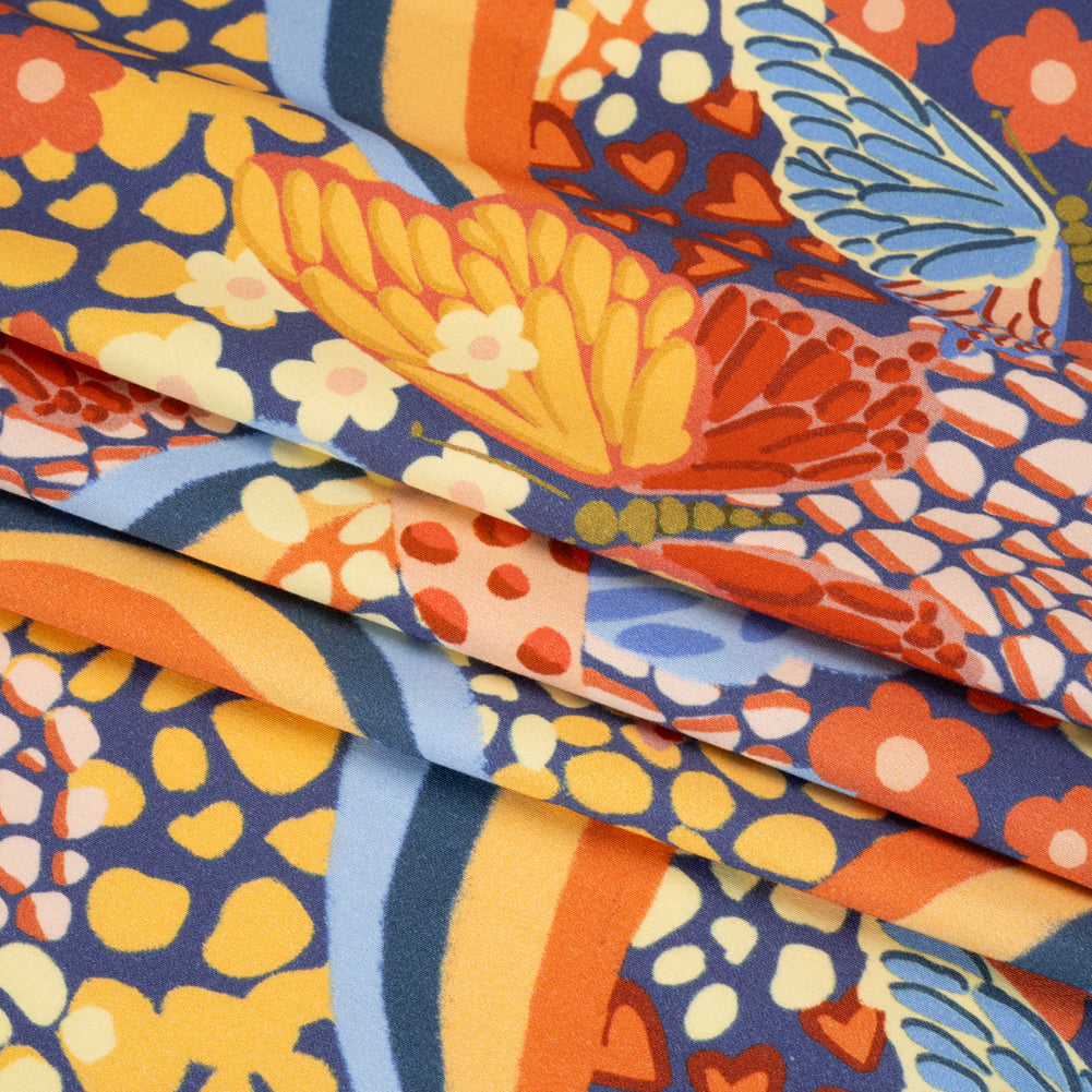 Stretch Cotton Sateen - Orange and Blue Butterflies and Doodles - Sunbeam Garden Print - Mood Exclusive Chariot Collection - Folded