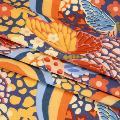 Stretch Cotton Sateen - Orange and Blue Butterflies and Doodles - Sunbeam Garden Print - Mood Exclusive Chariot Collection