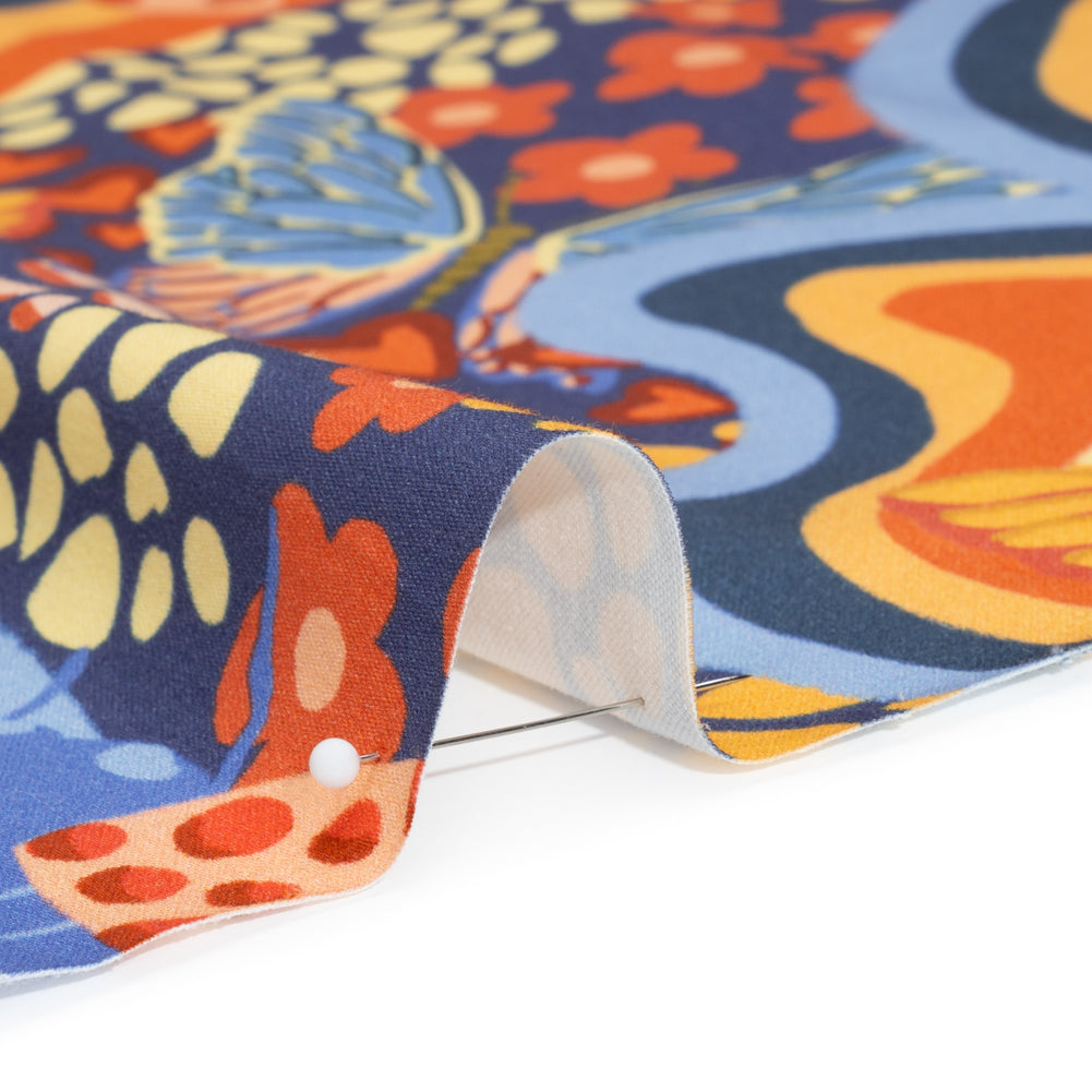Stretch Cotton Sateen - Orange and Blue Butterflies and Doodles - Sunbeam Garden Print - Mood Exclusive Chariot Collection - Detail