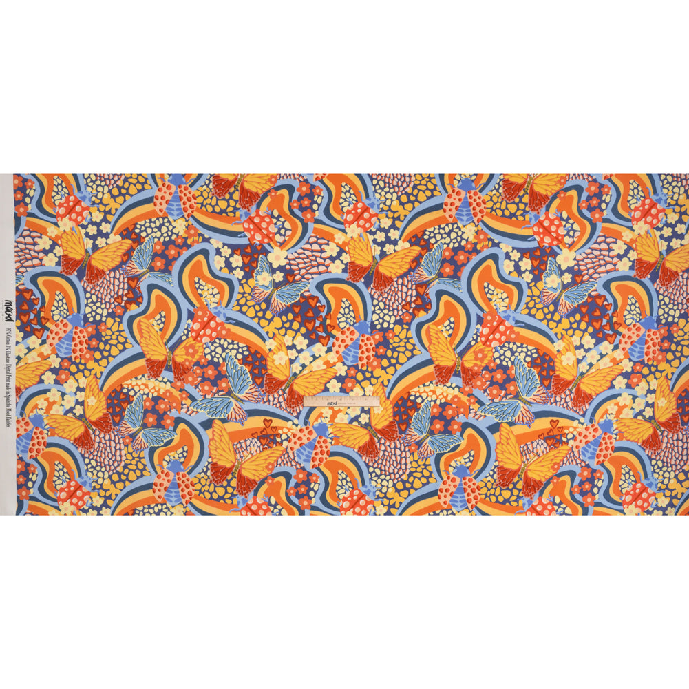 Stretch Cotton Sateen - Orange and Blue Butterflies and Doodles - Sunbeam Garden Print - Mood Exclusive Chariot Collection - Full