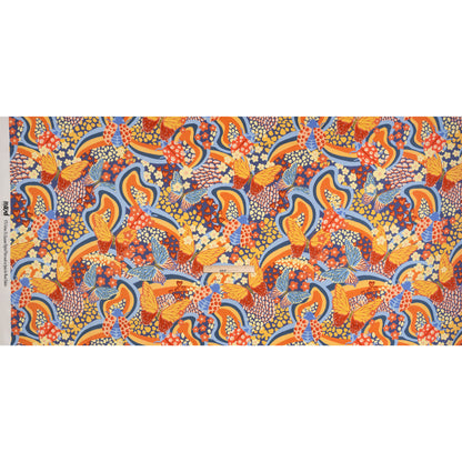 Stretch Cotton Sateen - Orange and Blue Butterflies and Doodles - Sunbeam Garden Print - Mood Exclusive Chariot Collection