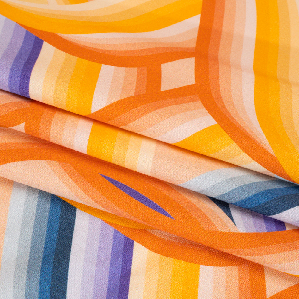 Stretch Cotton Sateen - Orange, Blue and Purple Abstract Lines - Iris's Message Print - Mood Exclusive Chariot Collection - Folded