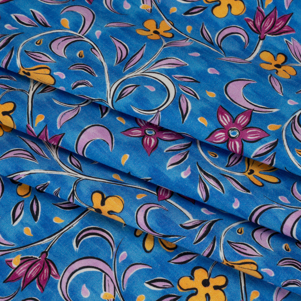 Stretch Cotton Sateen - Blue and Yellow Floral - Apollo's Laurel Print - Mood Exclusive Chariot Collection - Folded