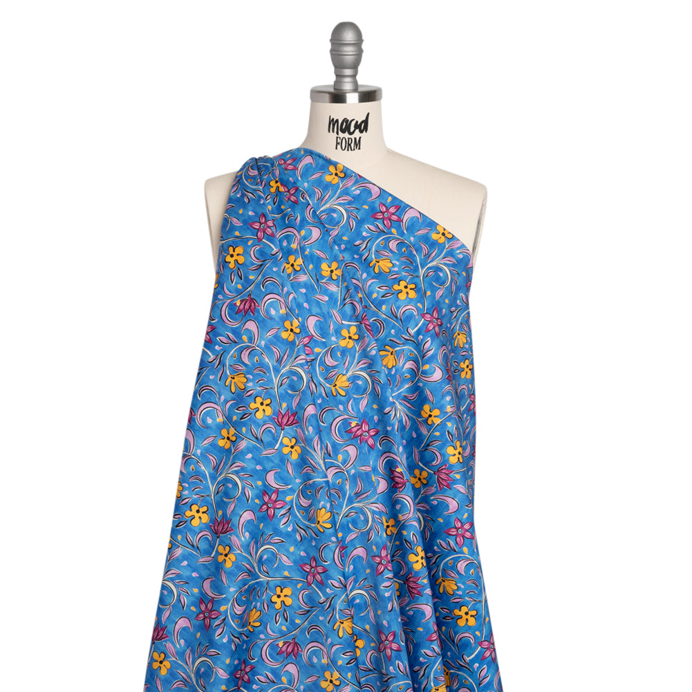 Stretch Cotton Sateen - Blue and Yellow Floral - Apollo's Laurel Print - Mood Exclusive Chariot Collection - Drape