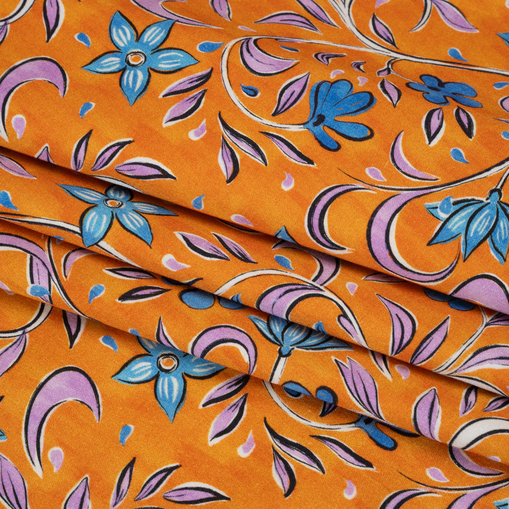 Stretch Cotton Sateen - Orange and Blue Floral - Apollo's Laurel Print - Mood Exclusive Chariot Collection - Folded