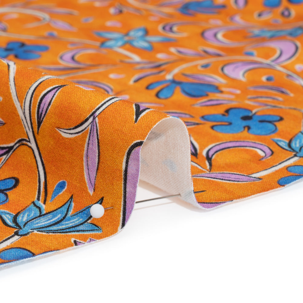 Stretch Cotton Sateen - Orange and Blue Floral - Apollo's Laurel Print - Mood Exclusive Chariot Collection - Detail