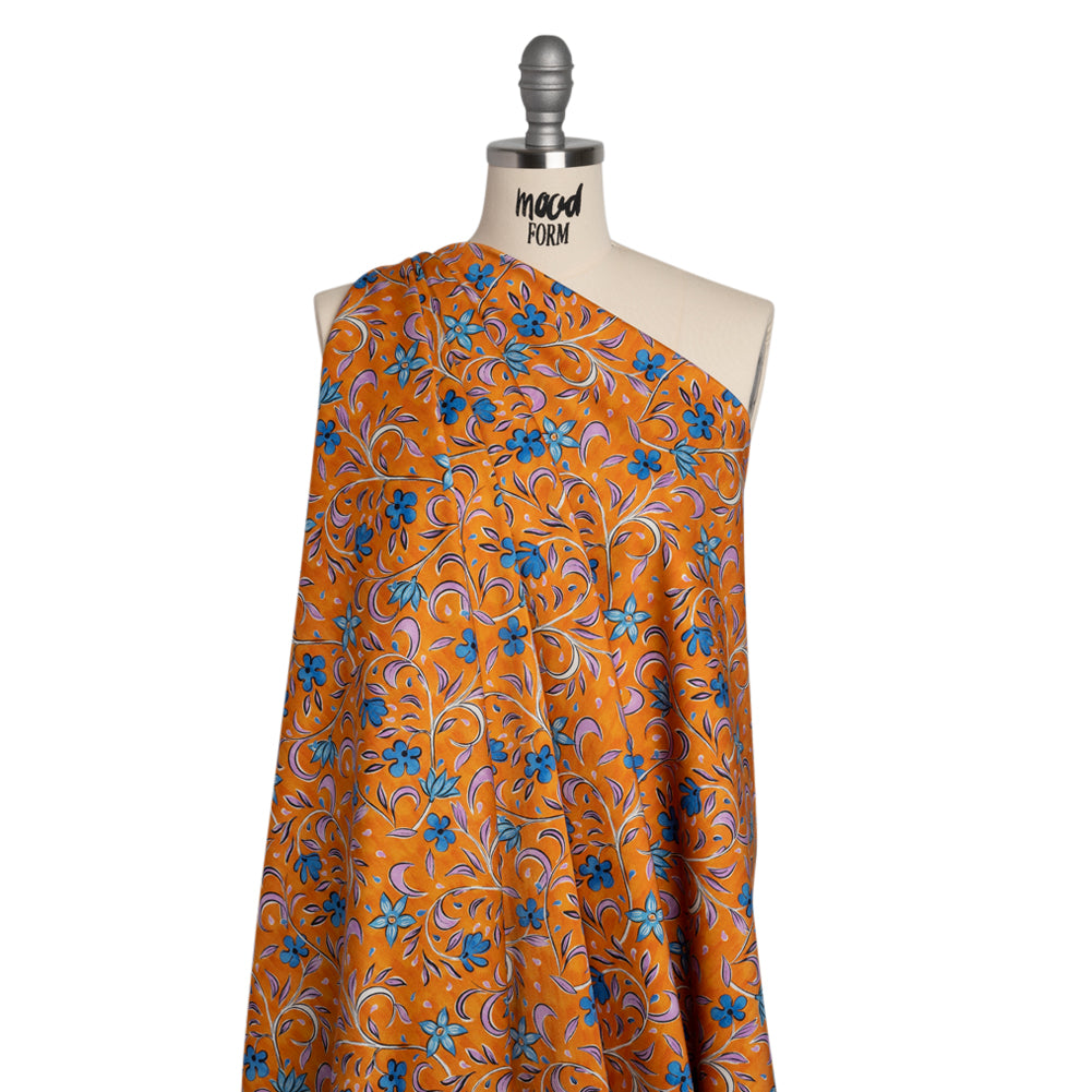 Stretch Cotton Sateen - Orange and Blue Floral - Apollo's Laurel Print - Mood Exclusive Chariot Collection - Drape