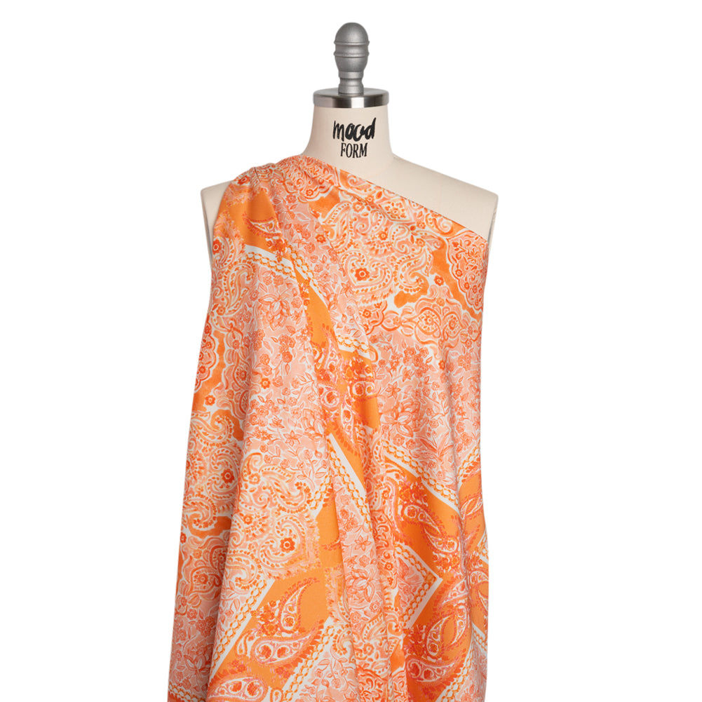 Stretch Cotton Sateen Panel - Orange Paisley Floral - Sicilian Summer Print - Mood Exclusive Chariot Collection - Drape