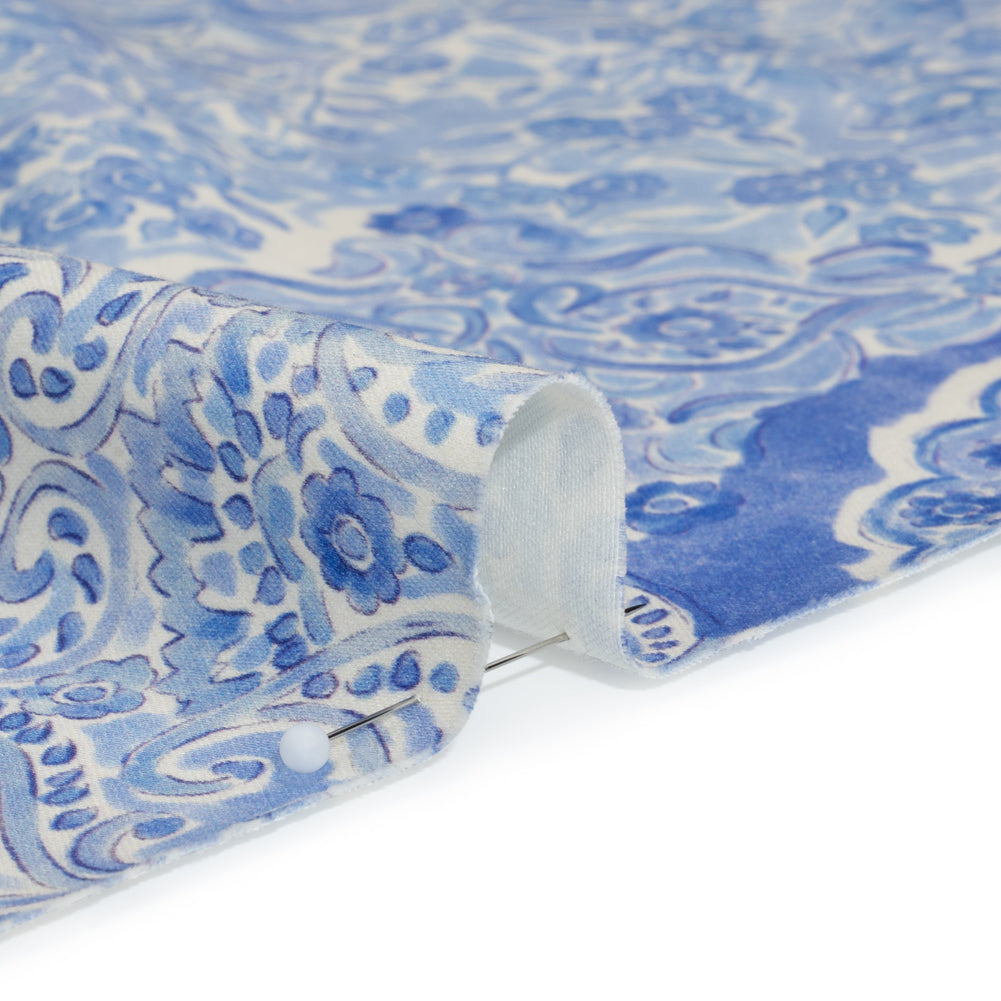 Stretch Cotton Sateen Panel - Blue Paisley Floral - Sicilian Summer Print - Mood Exclusive Chariot Collection - Detail