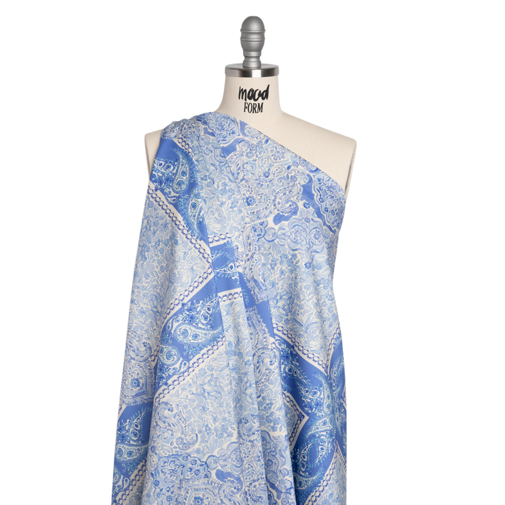 Stretch Cotton Sateen Panel - Blue Paisley Floral - Sicilian Summer Print - Mood Exclusive Chariot Collection - Drape