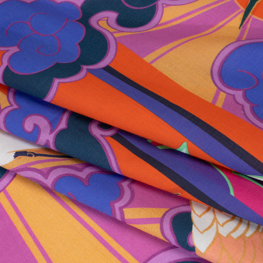 Cotton Voile Panel - Purple and Orange Cranes and Clouds - Sunrise Flight Print - Mood Exclusive Chariot Collection - Folded
