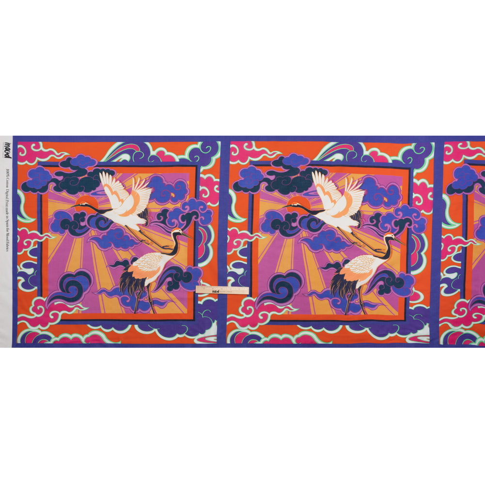 Cotton Voile Panel - Purple and Orange Cranes and Clouds - Sunrise Flight Print - Mood Exclusive Chariot Collection - Full
