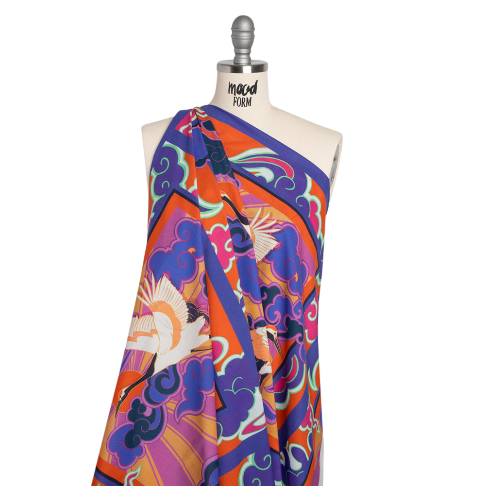 Cotton Voile Panel - Purple and Orange Cranes and Clouds - Sunrise Flight Print - Mood Exclusive Chariot Collection - Drape
