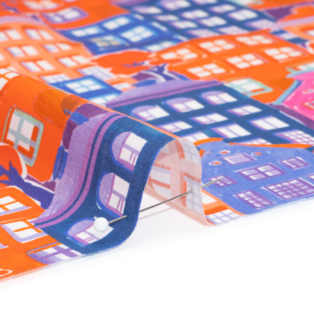 Cotton Voile - Purple, Orange and Blue Houses - Sunlit City Print - Mood Exclusive Chariot Collection - Detail