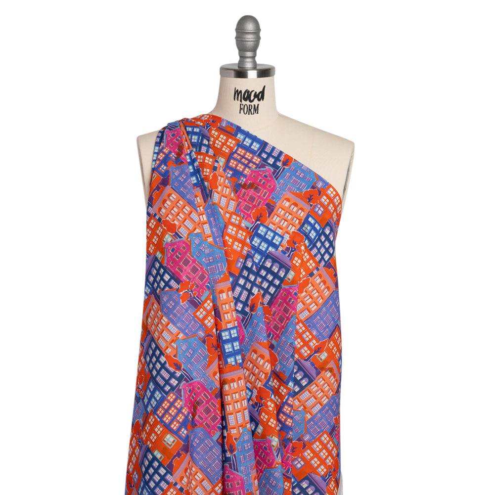 Cotton Voile - Purple, Orange and Blue Houses - Sunlit City Print - Mood Exclusive Chariot Collection - Drape