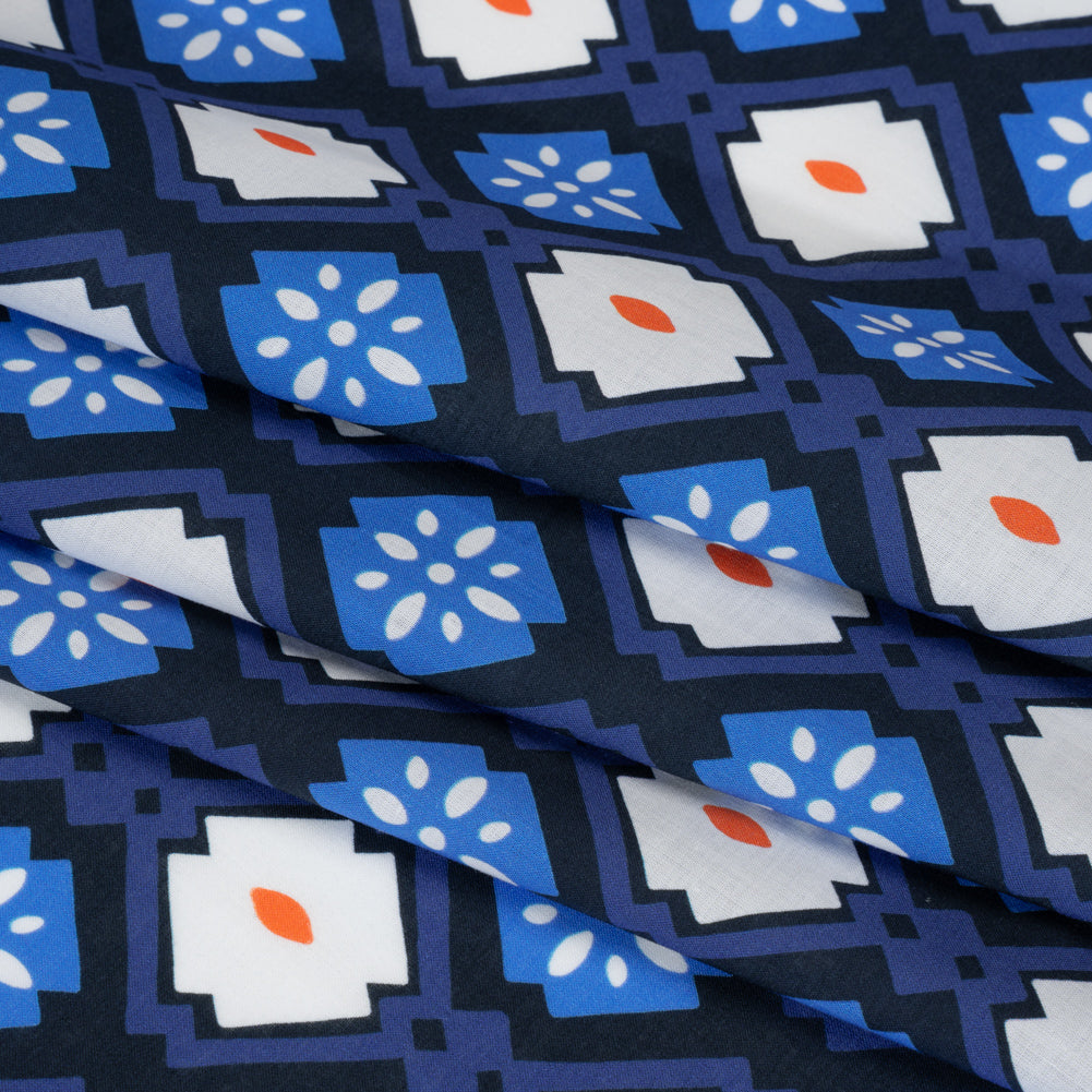 Cotton Voile - Blue and Orange Geometric - Santorini Spritz Print - Mood Exclusive Chariot Collection - Folded