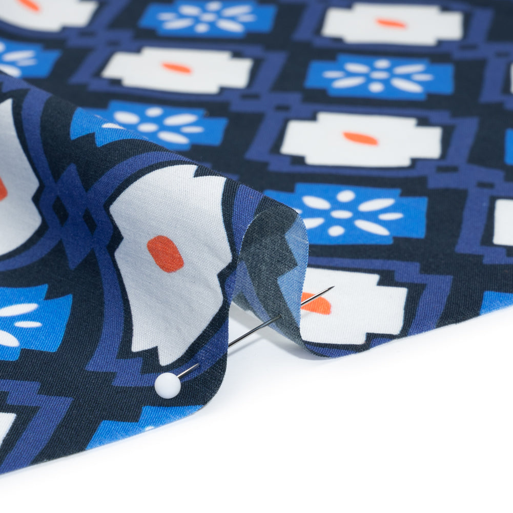 Cotton Voile - Blue and Orange Geometric - Santorini Spritz Print - Mood Exclusive Chariot Collection - Detail