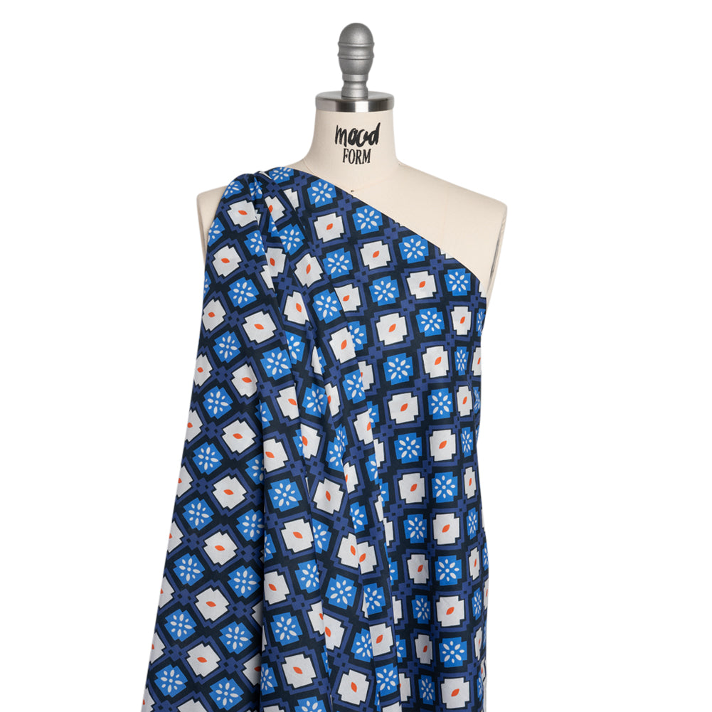 Cotton Voile - Blue and Orange Geometric - Santorini Spritz Print - Mood Exclusive Chariot Collection - Drape