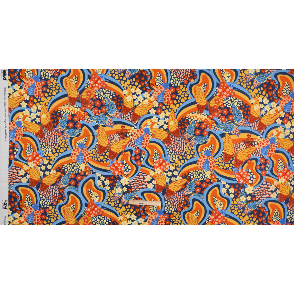 Cotton Voile - Orange and Blue Butterflies and Doodles - Sunbeam Garden Print - Mood Exclusive Chariot Collection - Full