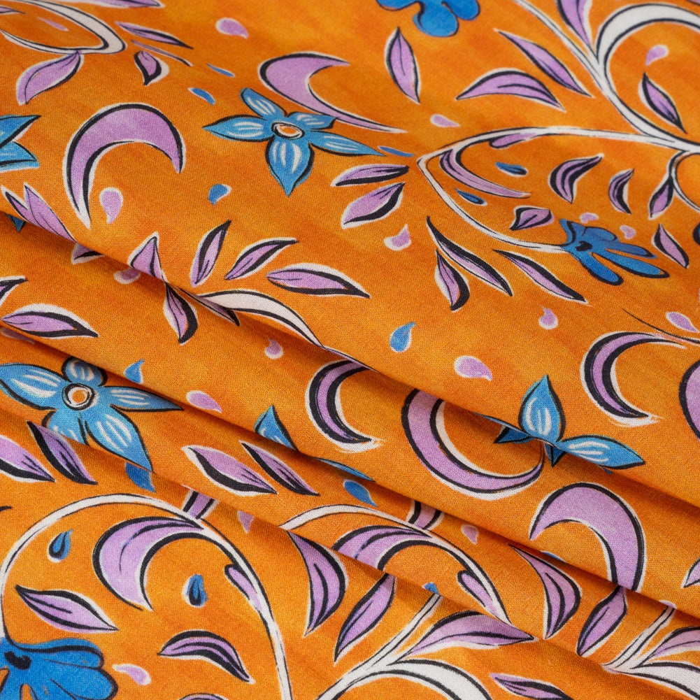 Cotton Voile - Orange and Blue Floral - Apollo's Laurel Print - Mood Exclusive Chariot Collection - Folded