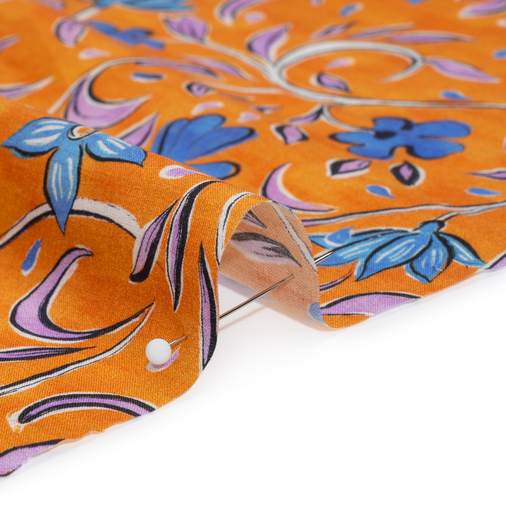 Cotton Voile - Orange and Blue Floral - Apollo's Laurel Print - Mood Exclusive Chariot Collection - Detail