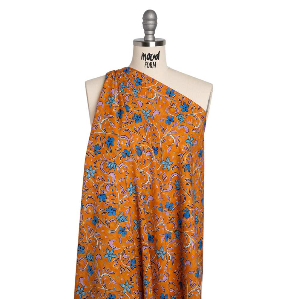 Cotton Voile - Orange and Blue Floral - Apollo's Laurel Print - Mood Exclusive Chariot Collection - Drape
