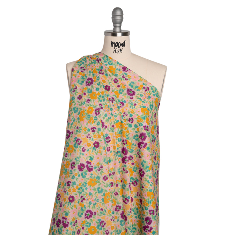 Cotton Voile - Yellow and Plum Floral - Midsummer Meadow Print - Mood Exclusive Chariot Collection - Drape