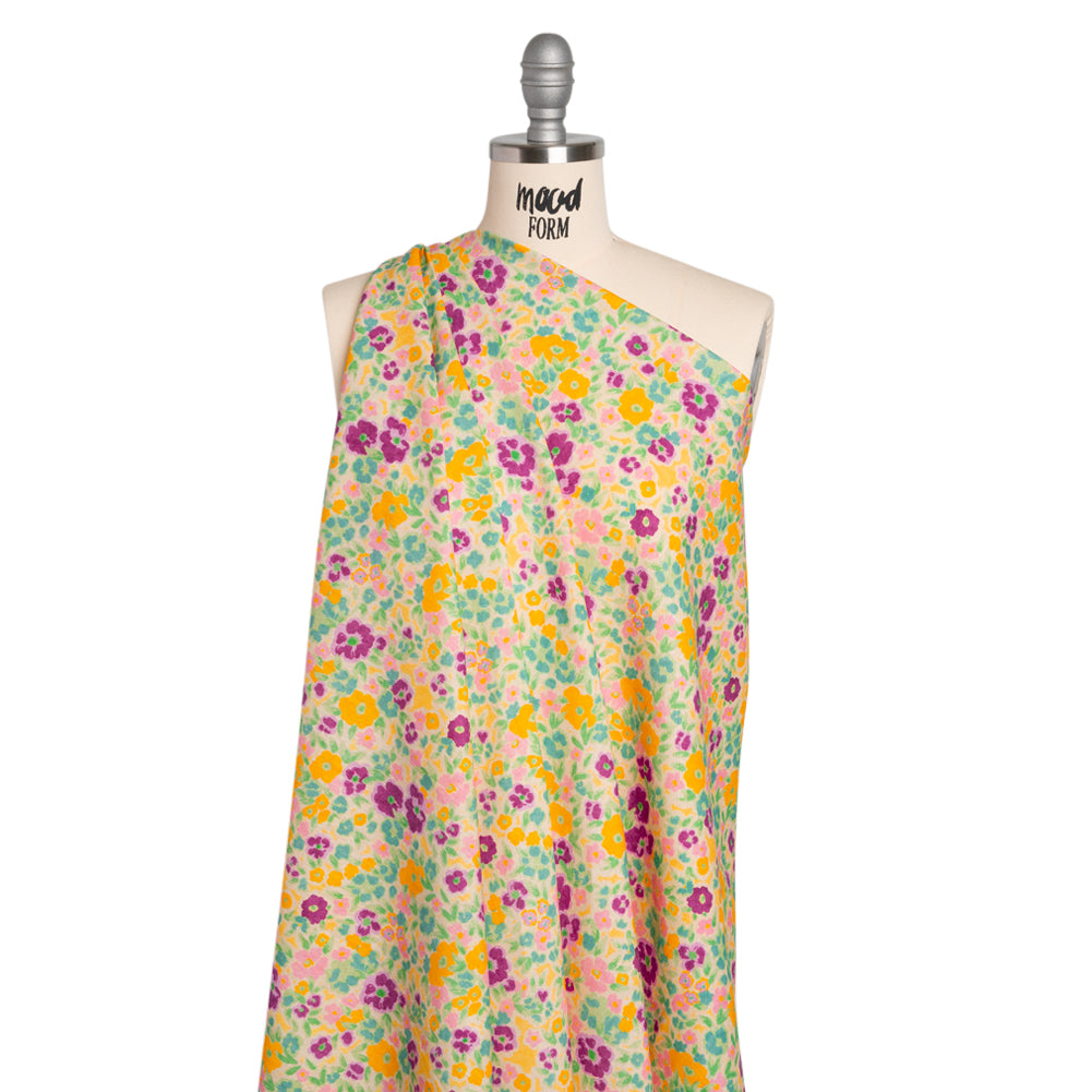 Linen-Rayon Woven - Yellow and Plum Floral - Midsummer Meadow Print - Mood Exclusive Chariot Collection - Drape