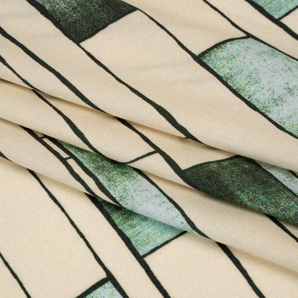 Rayon Challis - Green and Cream Geometric Blocks - Cliffside Climb Print - Mood Exclusive Acadia Collection - Folded