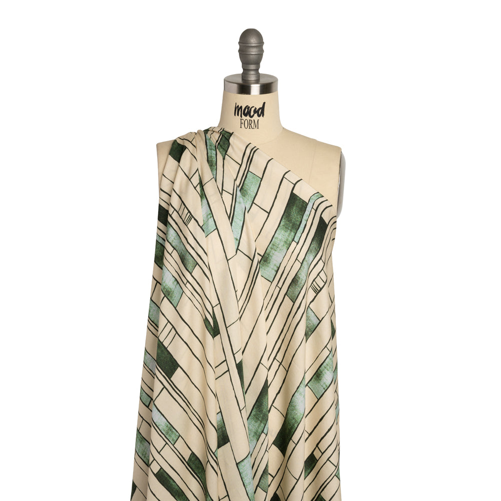 Rayon Challis - Green and Cream Geometric Blocks - Cliffside Climb Print - Mood Exclusive Acadia Collection - Drape