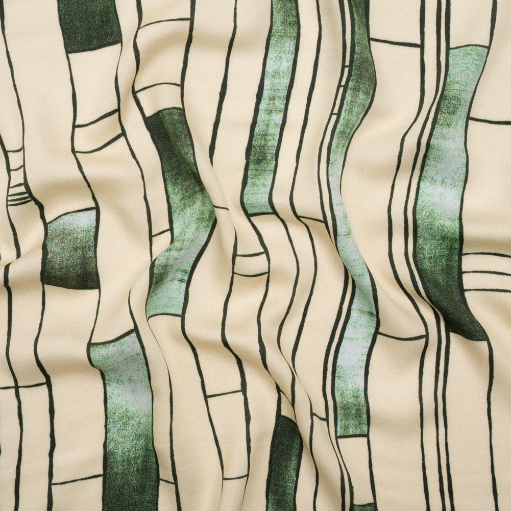 Rayon Challis - Green and Cream Geometric Blocks - Cliffside Climb Print - Mood Exclusive Acadia Collection