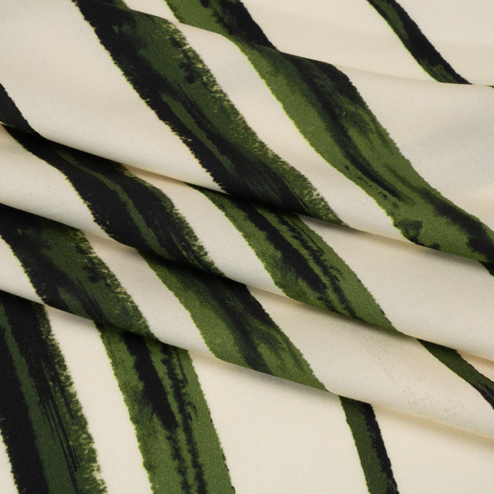 Rayon Challis - Cream and Green Painted Stripes - Verdant Trail Print - Mood Exclusive Acadia Collection - Folded