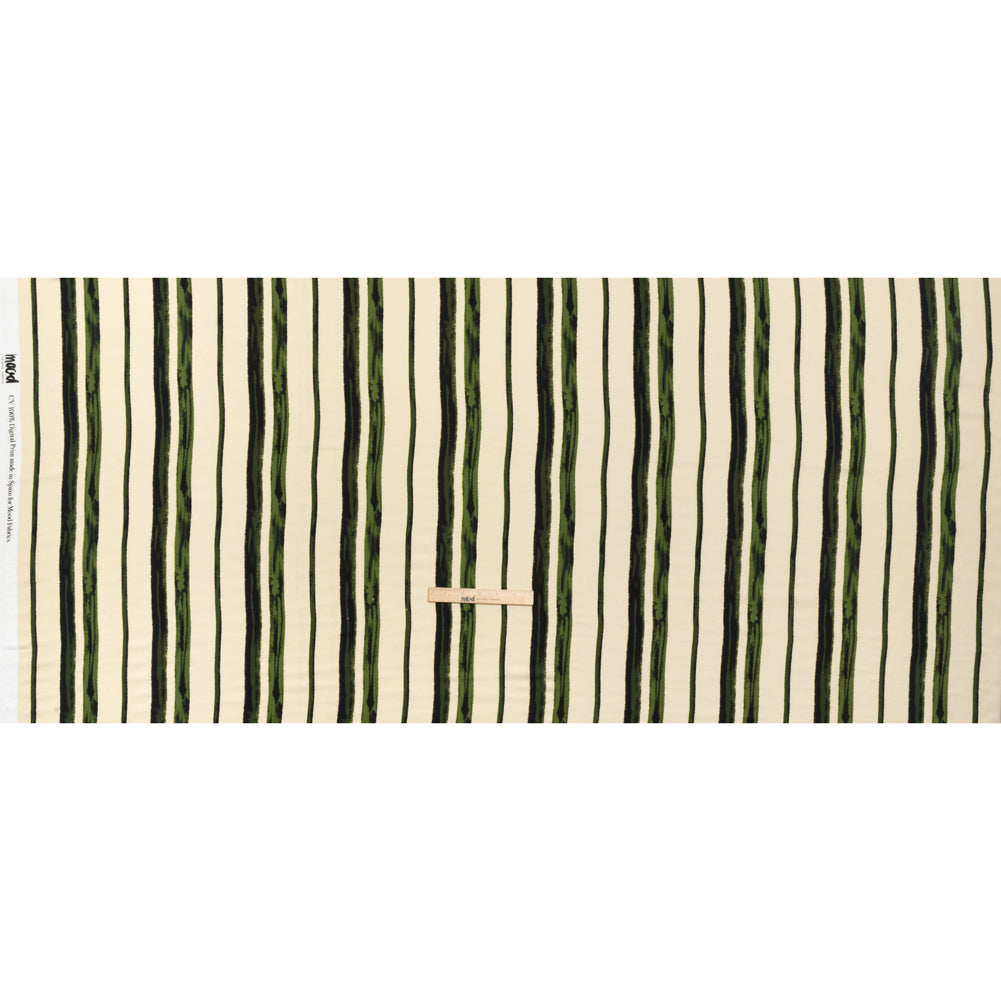 Rayon Challis - Cream and Green Painted Stripes - Verdant Trail Print - Mood Exclusive Acadia Collection - Full