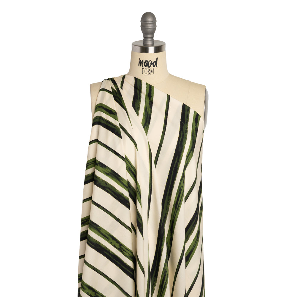 Rayon Challis - Cream and Green Painted Stripes - Verdant Trail Print - Mood Exclusive Acadia Collection - Drape