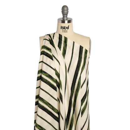 Rayon Challis - Cream and Green Painted Stripes - Verdant Trail Print - Mood Exclusive Acadia Collection