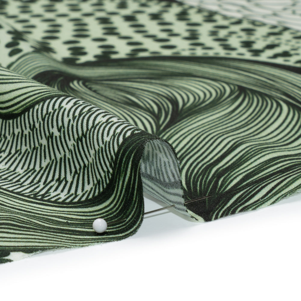 Rayon Challis - Dark Green and White Doodled Patterns - Forest Fantasy Print - Mood Exclusive Acadia Collection - Detail