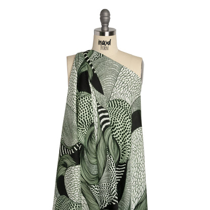 Rayon Challis - Dark Green and White Doodled Patterns - Forest Fantasy Print - Mood Exclusive Acadia Collection
