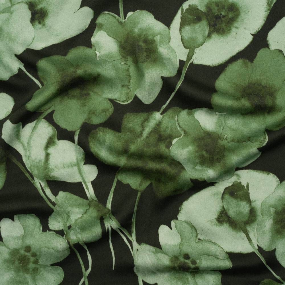 Rayon Challis - Green Painterly Flowers - Coastal Clover Print - Mood Exclusive Acadia Collection