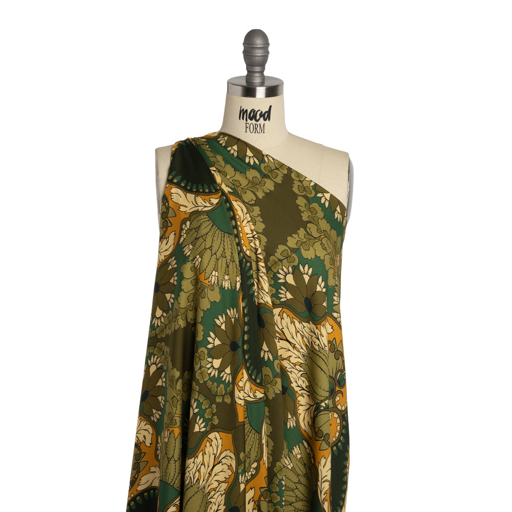 Rayon Challis - Olive Green, Teal and Mango Orange Wavy Floral Stripes - Nymph’s Harvest Print - Mood Exclusive Acadia Collection - Drape