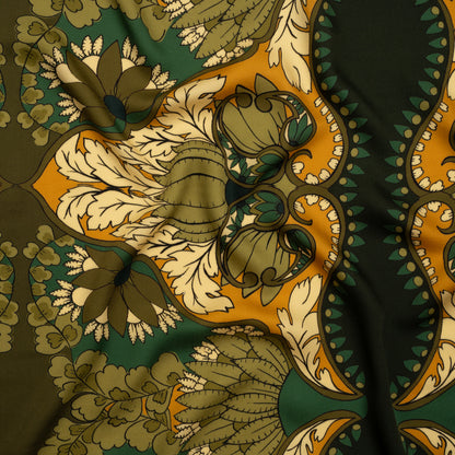 Rayon Challis - Olive Green, Teal and Mango Orange Wavy Floral Stripes - Nymph’s Harvest Print - Mood Exclusive Acadia Collection
