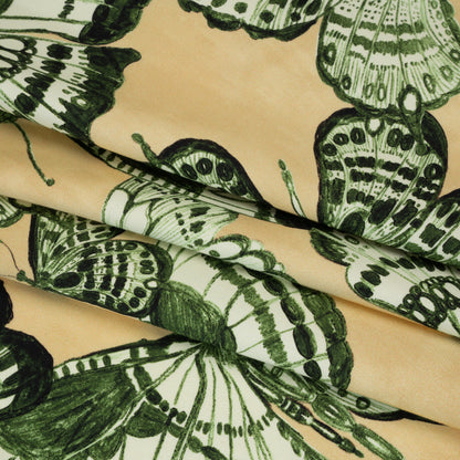 Stretch Cotton Sateen - Green and Cream Butterflies - Monarch Mountain Print - Mood Exclusive Acadia Collection