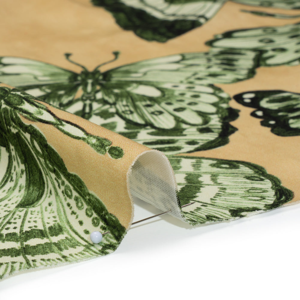 Stretch Cotton Sateen - Green and Cream Butterflies - Monarch Mountain Print - Mood Exclusive Acadia Collection - Detail