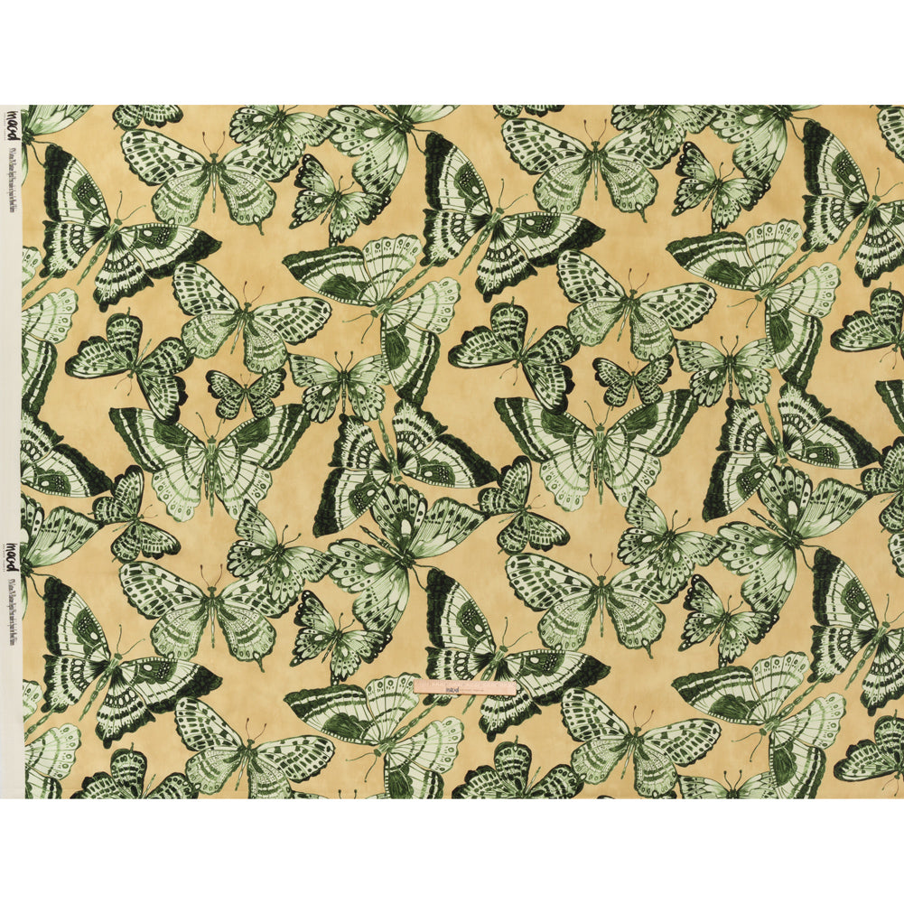Stretch Cotton Sateen - Green and Cream Butterflies - Monarch Mountain Print - Mood Exclusive Acadia Collection - Full