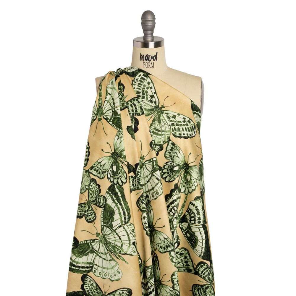 Stretch Cotton Sateen - Green and Cream Butterflies - Monarch Mountain Print - Mood Exclusive Acadia Collection - Drape