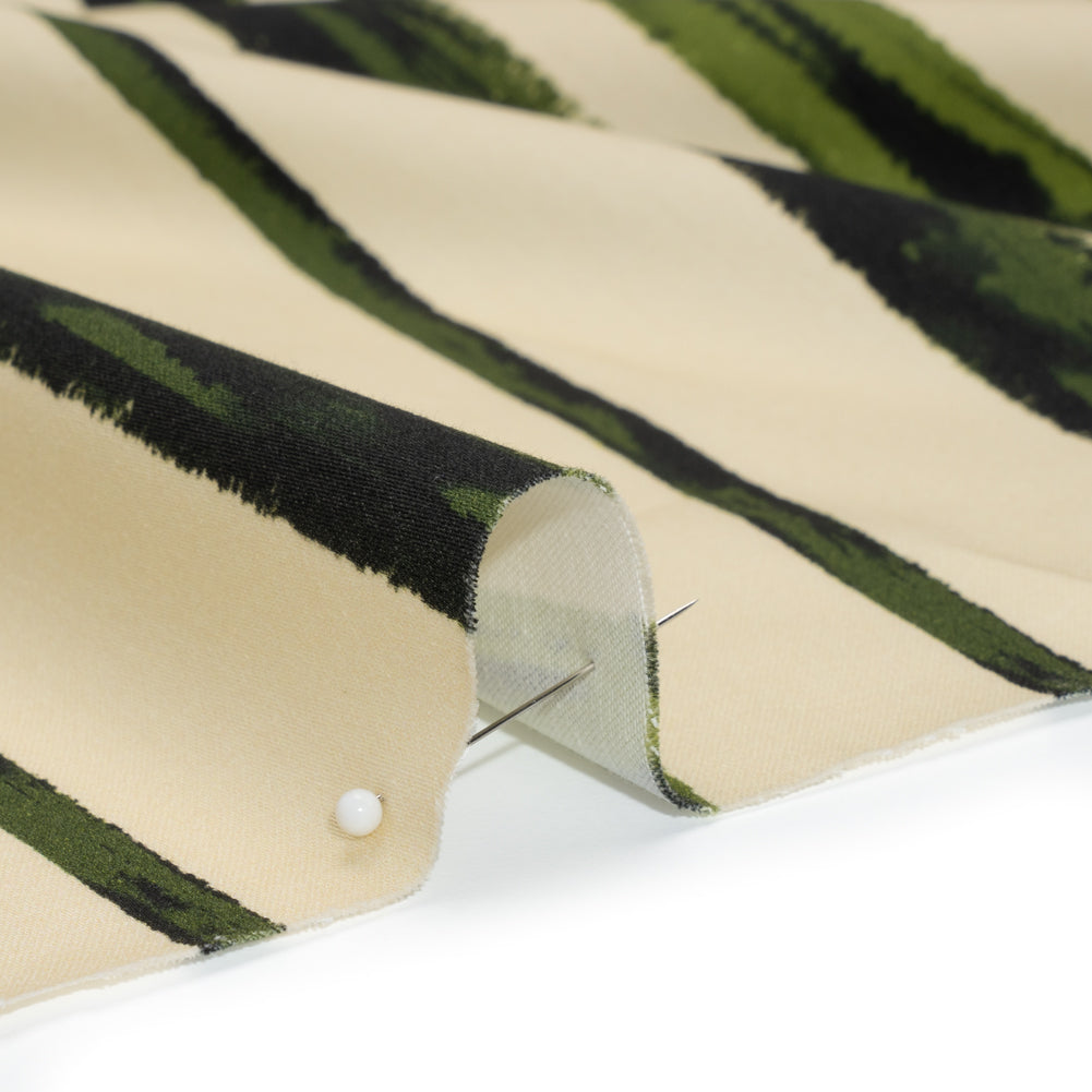 Stretch Cotton Sateen - Cream and Green Painted Stripes - Verdant Trail Print - Mood Exclusive Acadia Collection - Detail